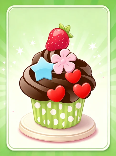 A chocolate-frosted cupcake with a strawberry, cherries and colorful decorations