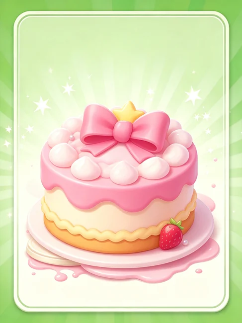 A strawberry cake with pink icing and a large pink bow