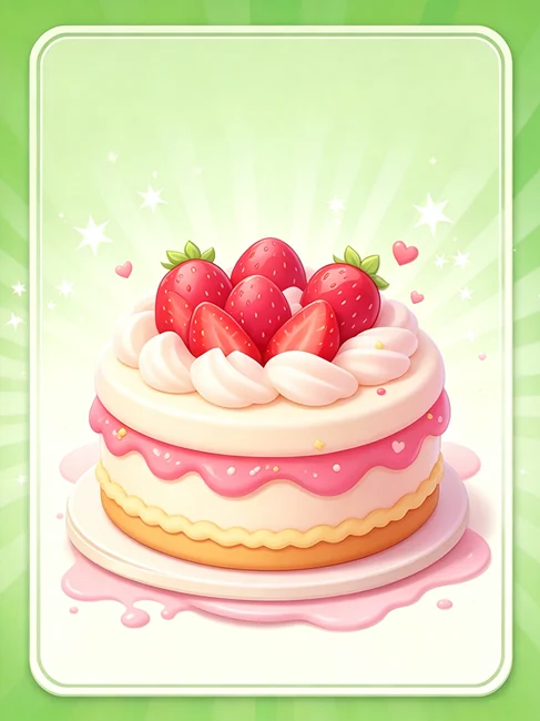 A pink layer cake topped with fresh strawberries and white cream
