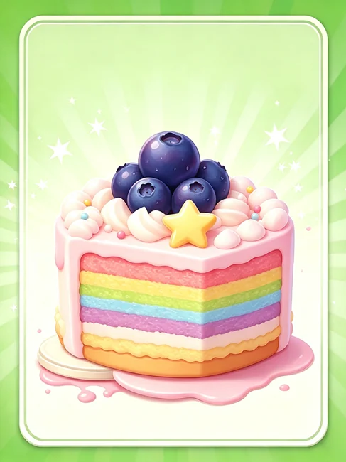A colorful berry-topped rainbow layer cake
