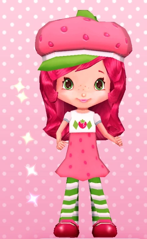 Strawberry Shortcake in her strawberry hat and green striped tights