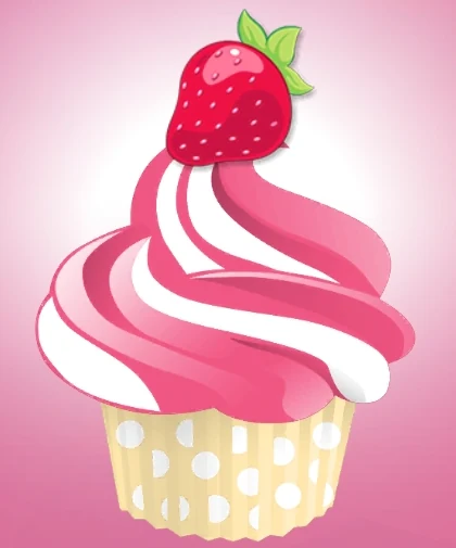 A strawberry cupcake with pink and white frosting from the game