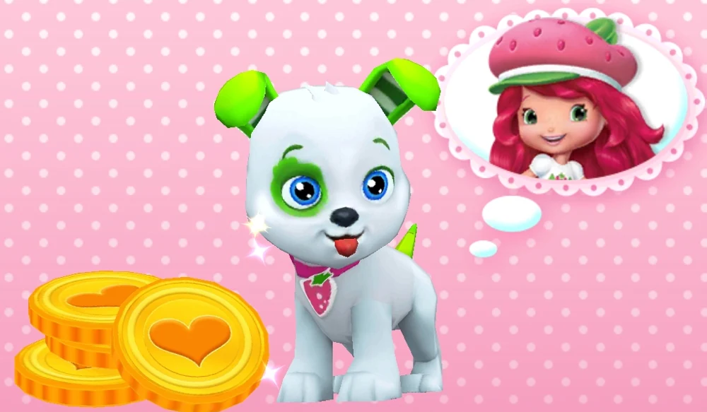 Pupcake beside a stack of heart coins, with Strawberry Shortcake in a thought bubble