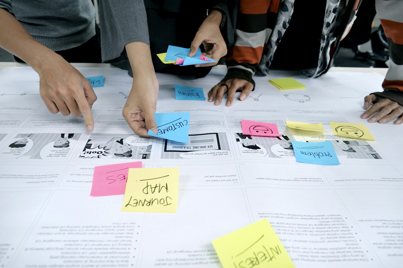 Creative collaborators mapping a user journey together with sketches and colorful sticky notes